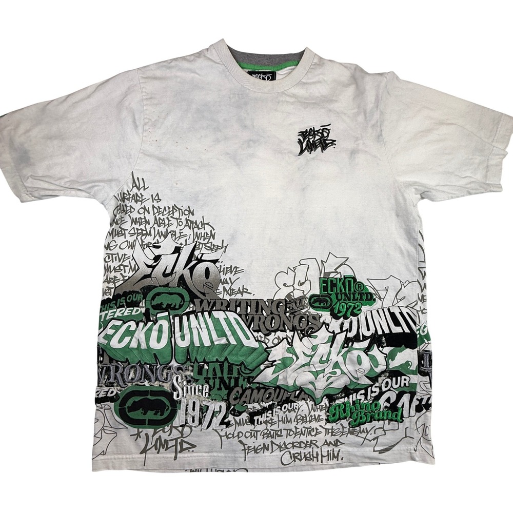Ecko Unltd Graffiti T-Shirt Men XL White Green All Over Print Y2K Hip Hop Skater